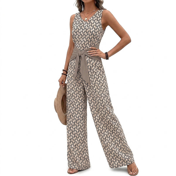 Damski kombinezon bez rękawów z dekoltem w serek i szerokimi nogawkami oraz wiązaniem w talii-Jumpsuits for women-Olave