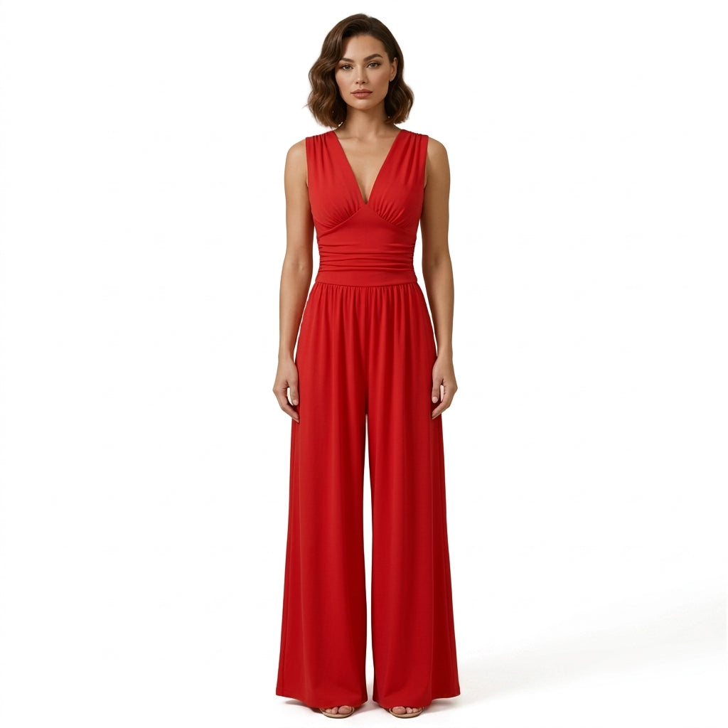 Damski kombinezon bez rękawów z dekoltem w serek i szerokimi nogawkami-Jumpsuits for women-Olave