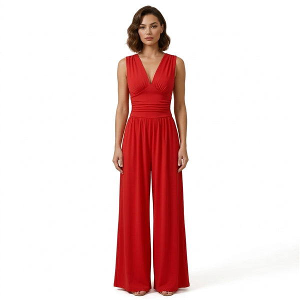 Damski kombinezon bez rękawów z dekoltem w serek i szerokimi nogawkami-Jumpsuits for women-Olave