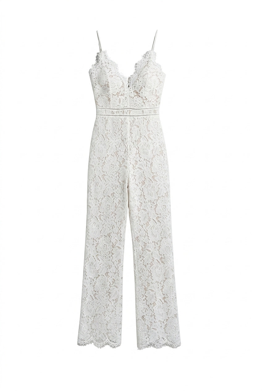 Damski kombinezon bez rękawów z koronkowym dekoltem w serek i szerokimi nogawkami-Jumpsuits for women-Olave