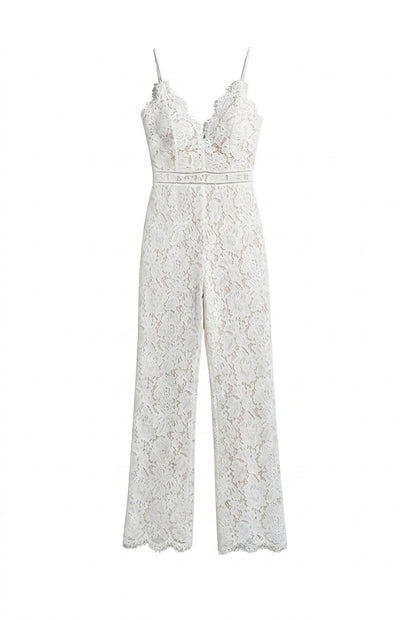 Damski kombinezon bez rękawów z koronkowym dekoltem w serek i szerokimi nogawkami-Jumpsuits for women-Olave