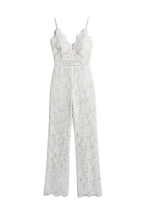 Damski kombinezon bez rękawów z koronkowym dekoltem w serek i szerokimi nogawkami-Jumpsuits for women-Olave