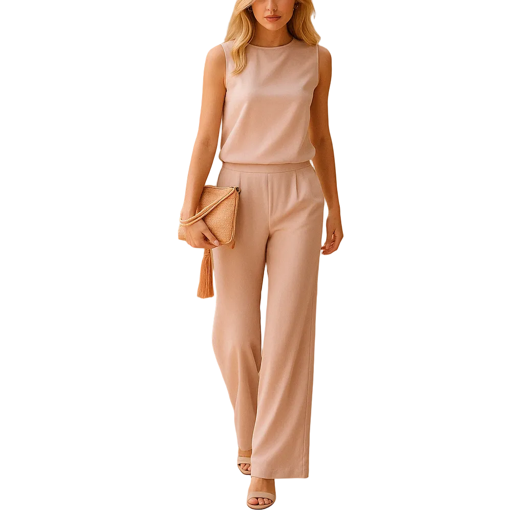 Damski kombinezon bez rękawów z okrągłym dekoltem i szerokimi nogawkami-Jumpsuits for women-Olave
