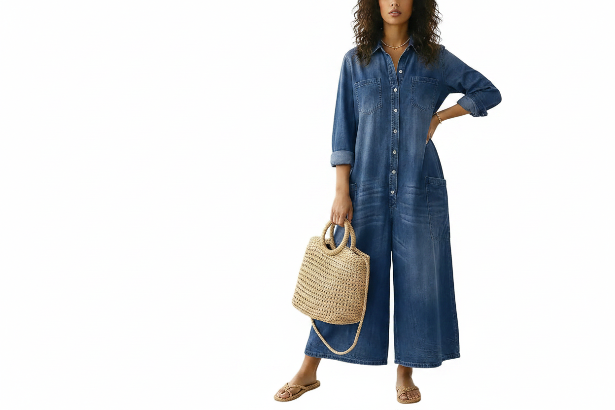 Damski kombinezon jeansowy z szeroką nogawką i zapięciem na guziki-Jumpsuits for women-Olave