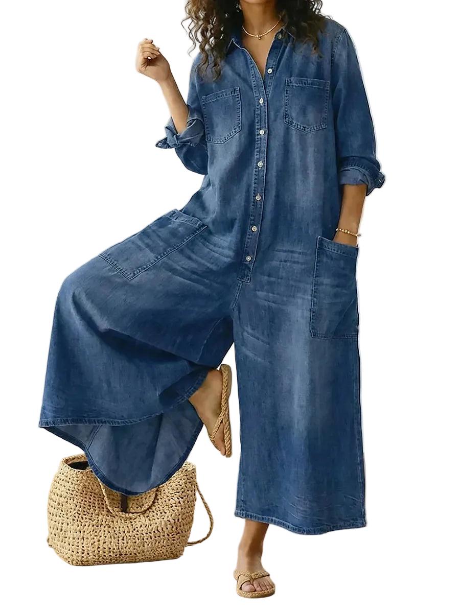 Damski kombinezon jeansowy z szeroką nogawką i zapięciem na guziki-Jumpsuits for women-Olave