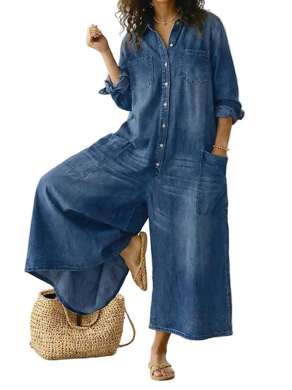 Damski kombinezon jeansowy z szeroką nogawką i zapięciem na guziki-Jumpsuits for women-Olave