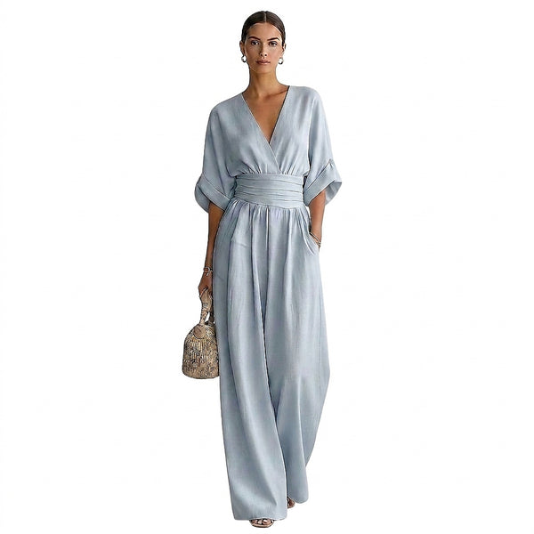 Damski kombinezon z dekoltem w serek i szerokimi nogawkami oraz paskiem w talii-Jumpsuits for women-Olave