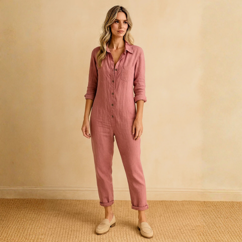 Damski kombinezon z długim rękawem, zapięciem na guziki, kołnierzem i kieszeniami na piersi-Jumpsuits for women-Olave