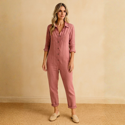Damski kombinezon z długim rękawem, zapięciem na guziki, kołnierzem i kieszeniami na piersi-Jumpsuits for women-Olave