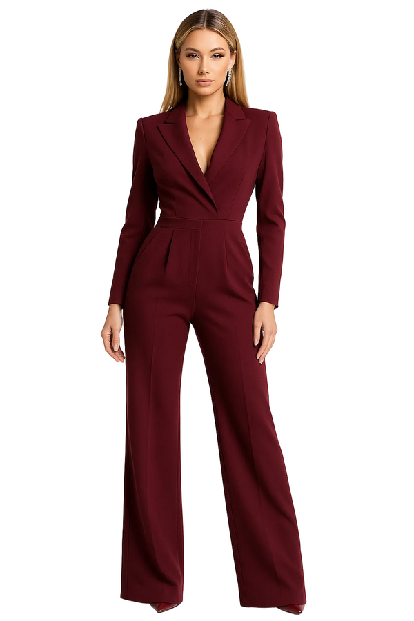 Damski kombinezon z długimi rękawami, dekoltem w serek i szerokimi nogawkami-Jumpsuits for women-Olave
