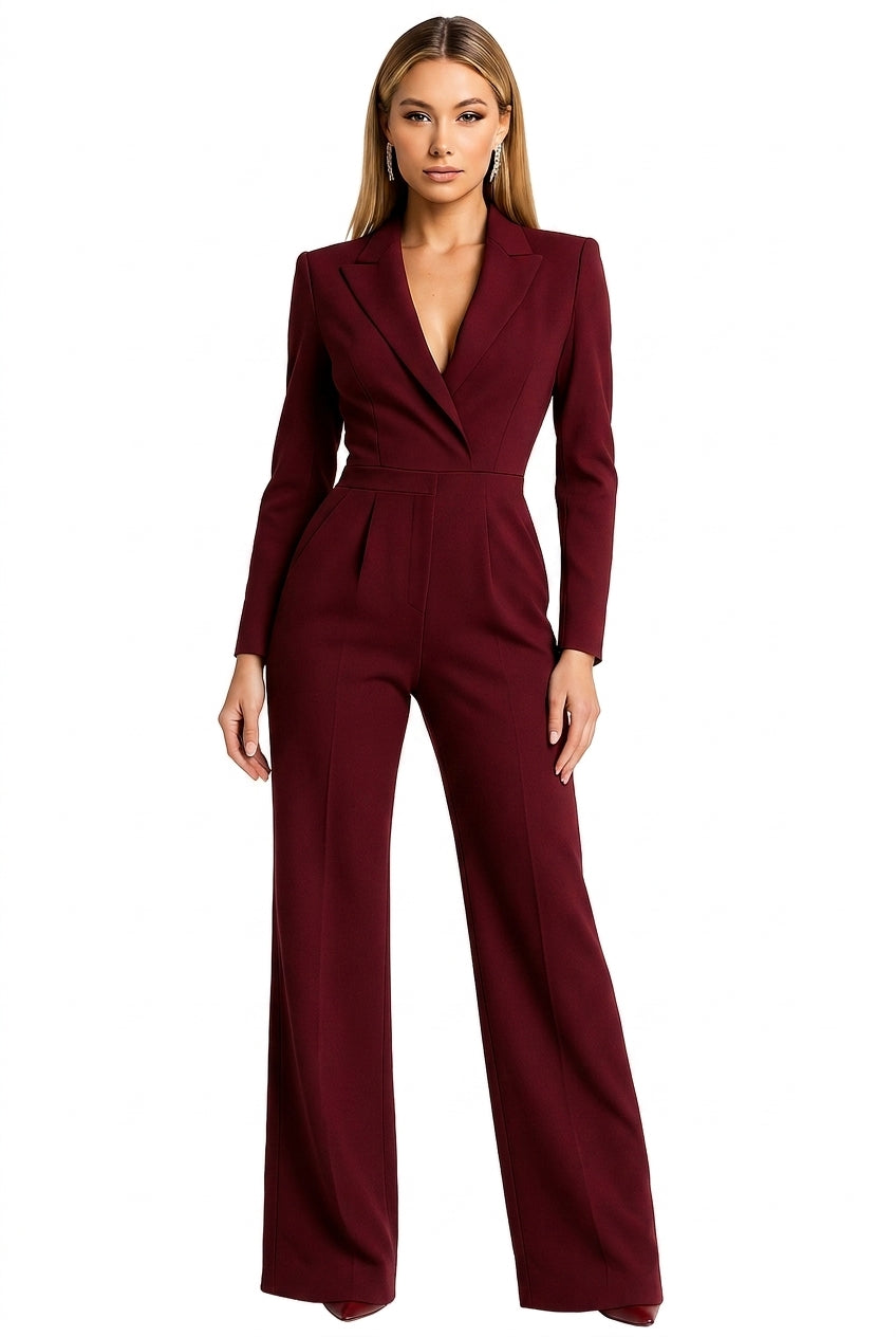 Damski kombinezon z długimi rękawami, dekoltem w serek i szerokimi nogawkami-Jumpsuits for women-Olave