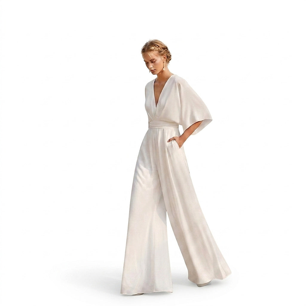 Damski kombinezon z szerokimi nogawkami i dekoltem w serek-Jumpsuits for women-Olave