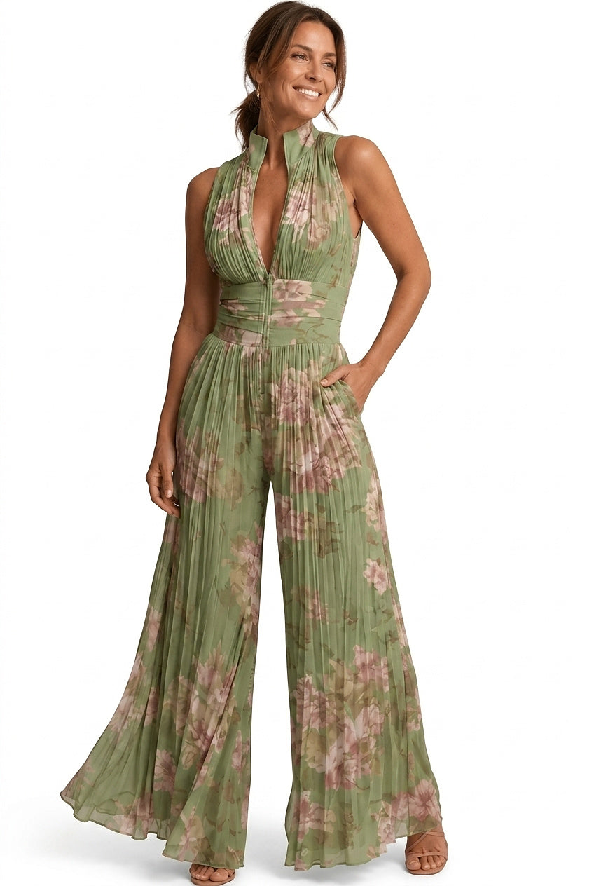 Damski kombinezon z szerokimi nogawkami, plisowany, w kwiatowy wzór-Jumpsuits for women-Olave