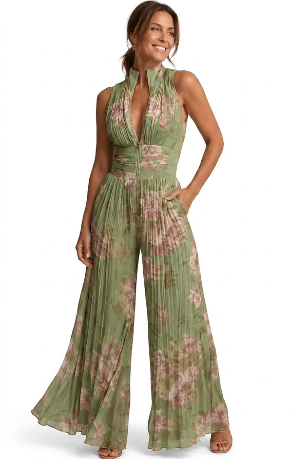 Damski kombinezon z szerokimi nogawkami, plisowany, w kwiatowy wzór-Jumpsuits for women-Olave