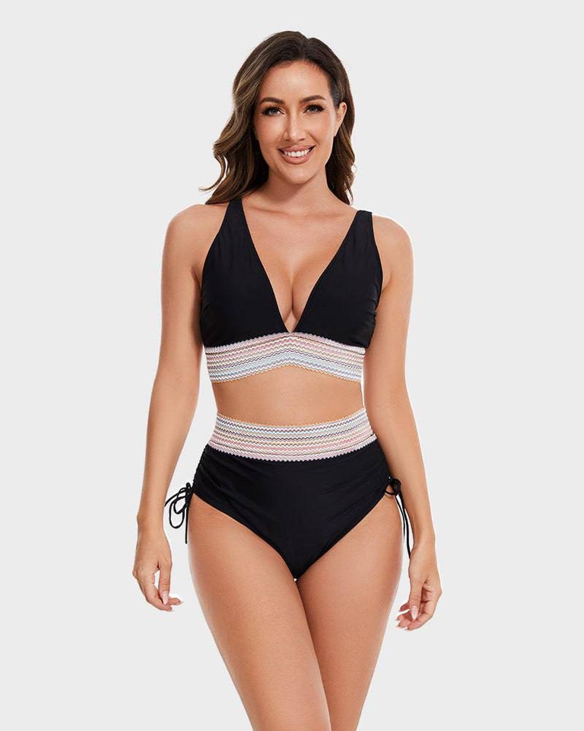 Damski komplet bikini z wiązaniem na szyi i wysokim stanem-Swimwear for women-Olave