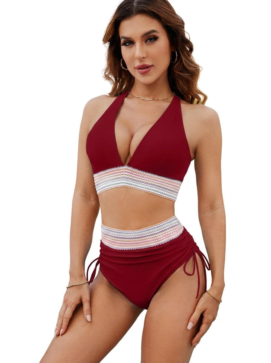 Damski komplet bikini z wiązaniem na szyi i wysokim stanem-Swimwear for women-Olave