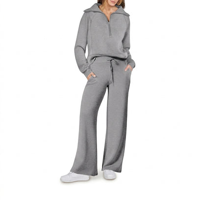 Damski komplet: bluza z zamkiem pod szyją i spodnie z szerokimi nogawkami-Sets for women-Olave