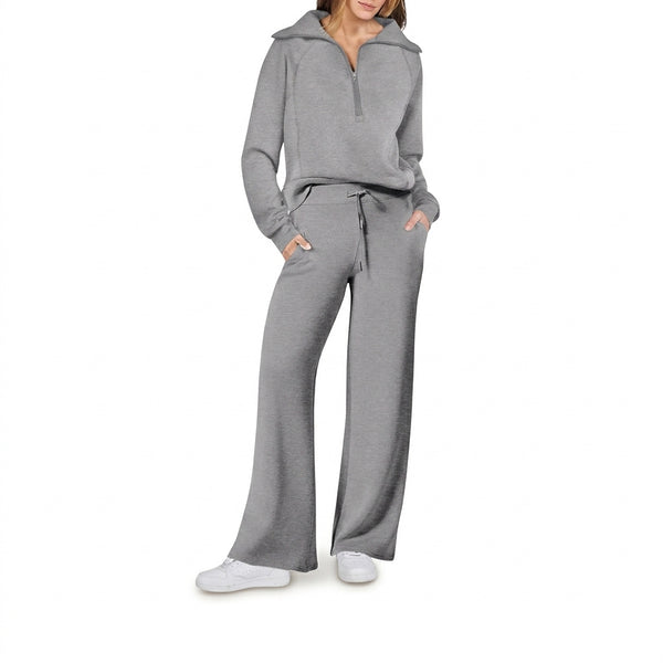Damski komplet: bluza z zamkiem pod szyją i spodnie z szerokimi nogawkami-Sets for women-Olave
