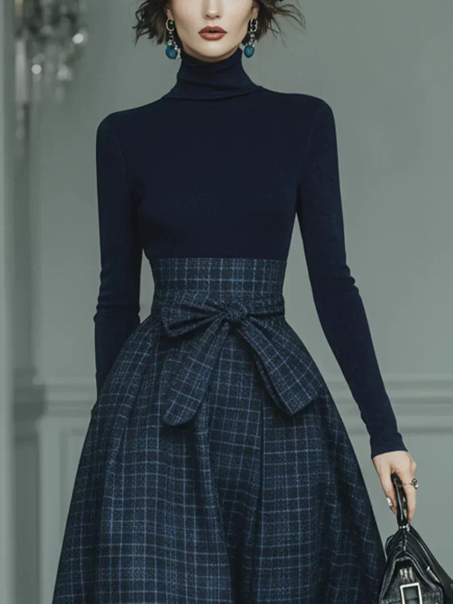 Damski komplet: golf z długim rękawem i spódnica maxi w kratę-Skirt for women-Olave