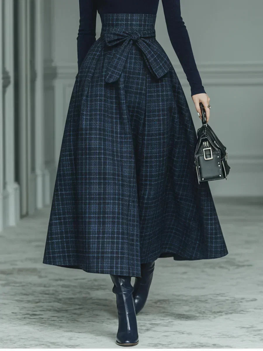 Damski komplet: golf z długim rękawem i spódnica maxi w kratę-Skirt for women-Olave