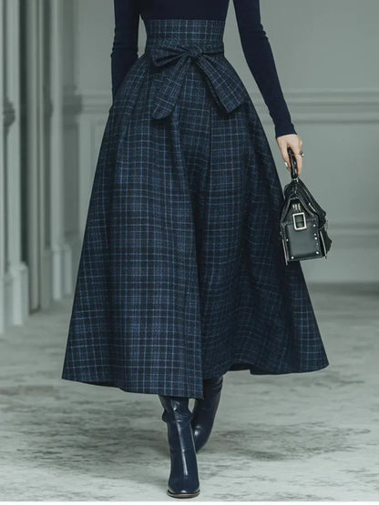 Damski komplet: golf z długim rękawem i spódnica maxi w kratę-Skirt for women-Olave