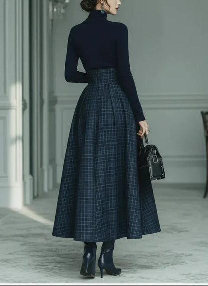 Damski komplet: golf z długim rękawem i spódnica maxi w kratę-Skirt for women-Olave