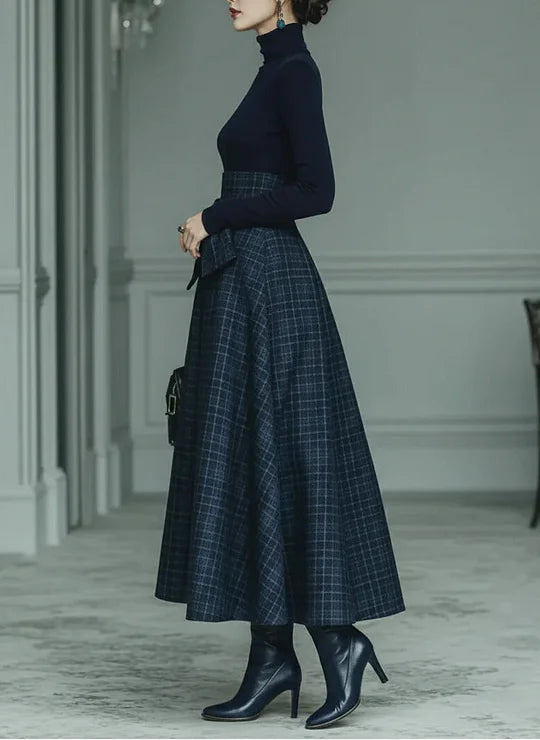 Damski komplet: golf z długim rękawem i spódnica maxi w kratę-Skirt for women-Olave