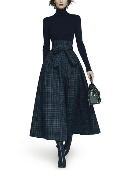 Damski komplet: golf z długim rękawem i spódnica maxi w kratę-Skirt for women-Olave