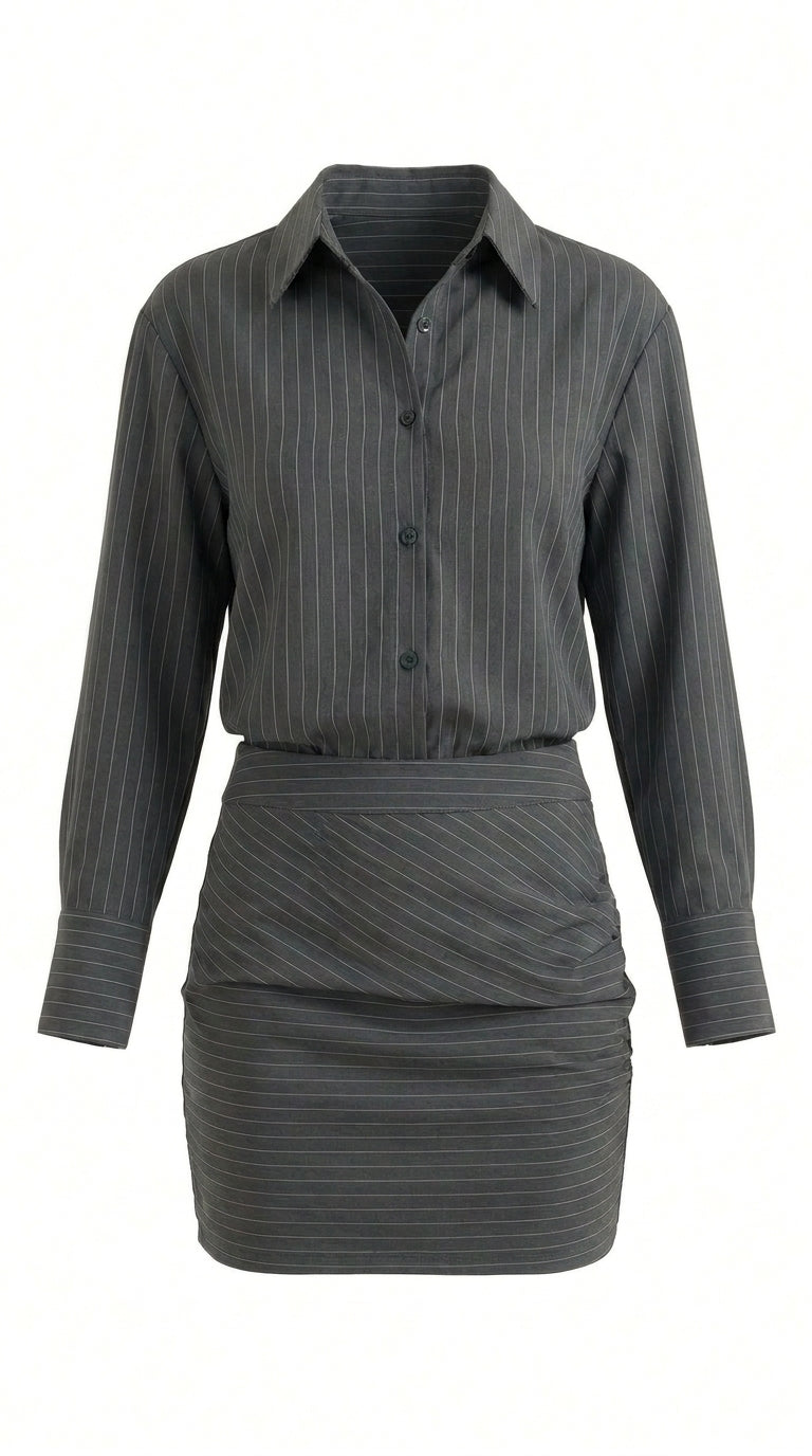 Damski komplet z koszulą w paski i marszczoną spódnicą mini-Sets for women-Olave