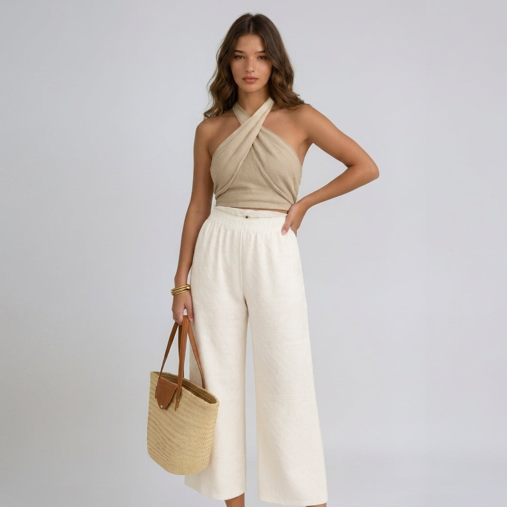Damski krótki top z dekoltem typu halter i skrzyżowanym przodem-Tops for women-Olave