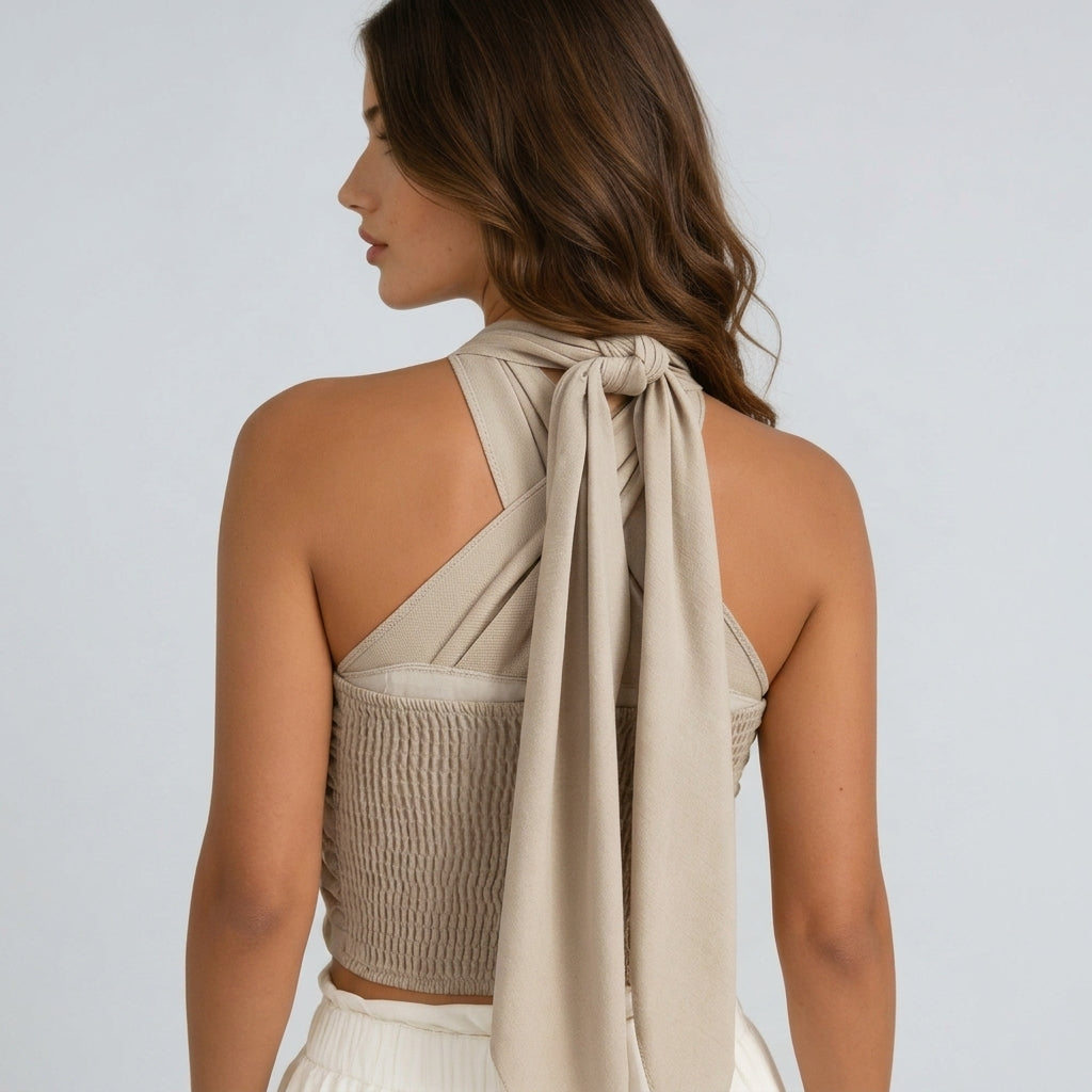Damski krótki top z dekoltem typu halter i skrzyżowanym przodem-Tops for women-Olave