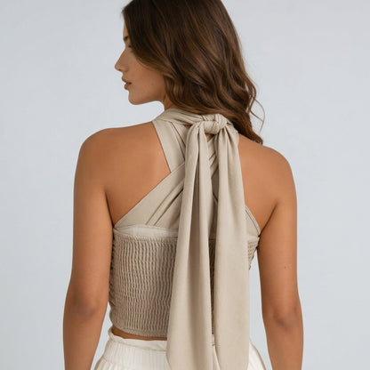 Damski krótki top z dekoltem typu halter i skrzyżowanym przodem-Tops for women-Olave