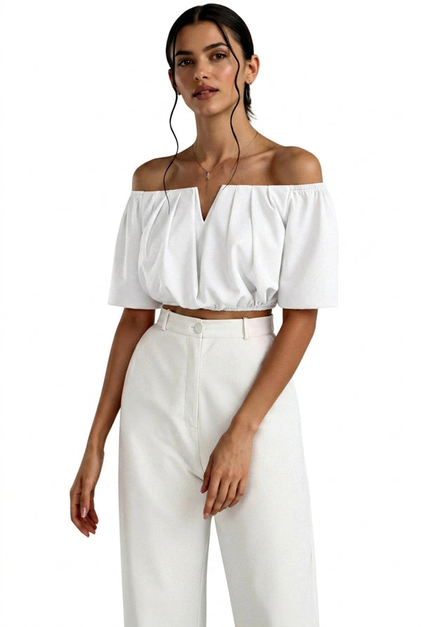 Damski krótki top z dekoltem typu hiszpanka i wycięciem V-Blouses for Women-Olave
