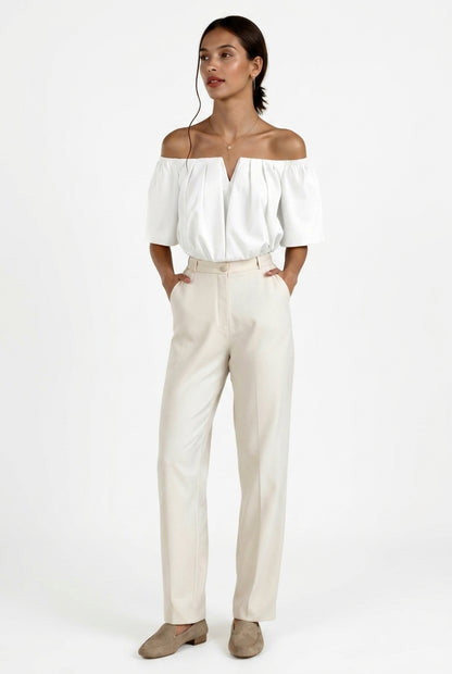 Damski krótki top z dekoltem typu hiszpanka i wycięciem V-Blouses for Women-Olave