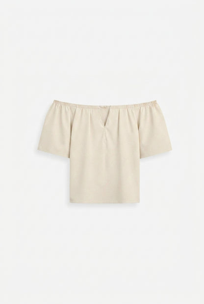 Damski krótki top z dekoltem typu hiszpanka i wycięciem V-Blouses for Women-Olave