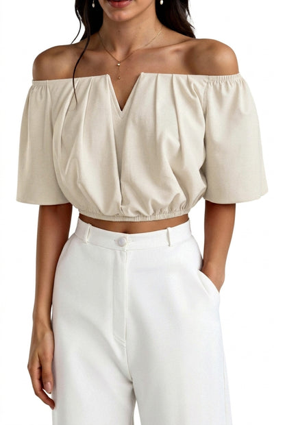 Damski krótki top z dekoltem typu hiszpanka i wycięciem V-Blouses for Women-Olave