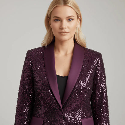 Damski Marynarka z Cekinami z Kołnierzem Szalowym i Zapięciem na Jeden Guzik-Blazers for Women-Olave