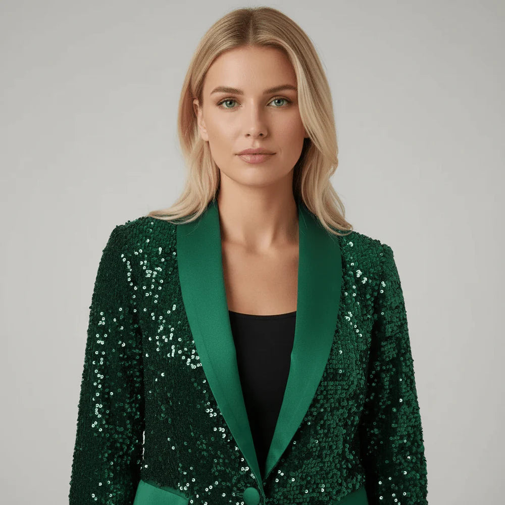 Damski Marynarka z Cekinami z Kołnierzem Szalowym i Zapięciem na Jeden Guzik-Blazers for Women-Olave