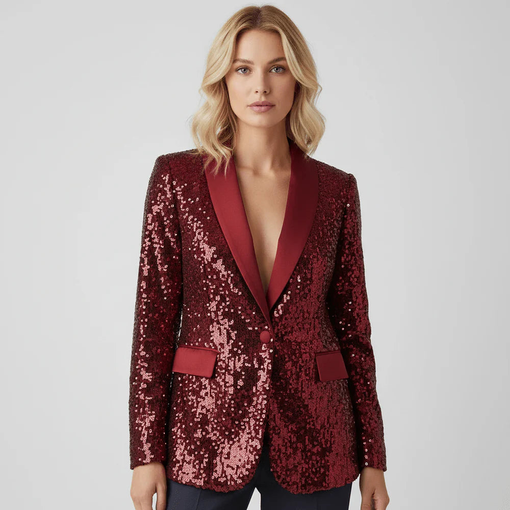 Damski Marynarka z Cekinami z Kołnierzem Szalowym i Zapięciem na Jeden Guzik-Blazers for Women-Olave