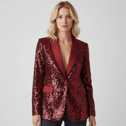 Damski Marynarka z Cekinami z Kołnierzem Szalowym i Zapięciem na Jeden Guzik-Blazers for Women-Olave