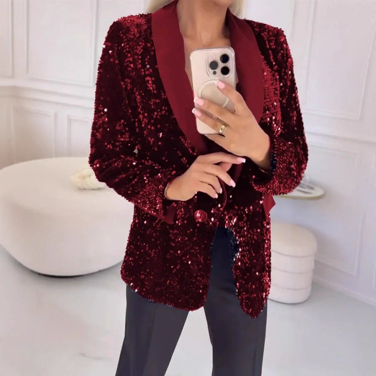 Damski Marynarka z Cekinami z Kołnierzem Szalowym i Zapięciem na Jeden Guzik-Blazers for Women-Olave