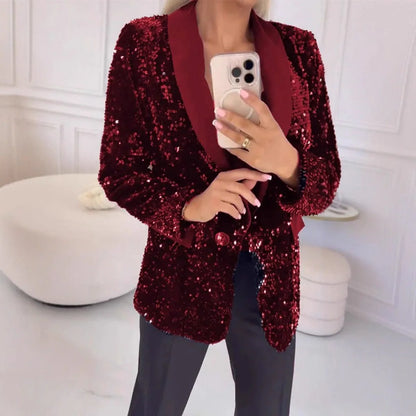 Damski Marynarka z Cekinami z Kołnierzem Szalowym i Zapięciem na Jeden Guzik-Blazers for Women-Olave