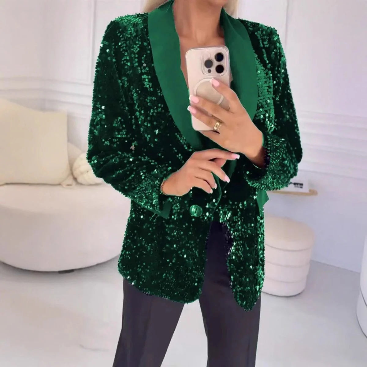 Damski Marynarka z Cekinami z Kołnierzem Szalowym i Zapięciem na Jeden Guzik-Blazers for Women-Olave