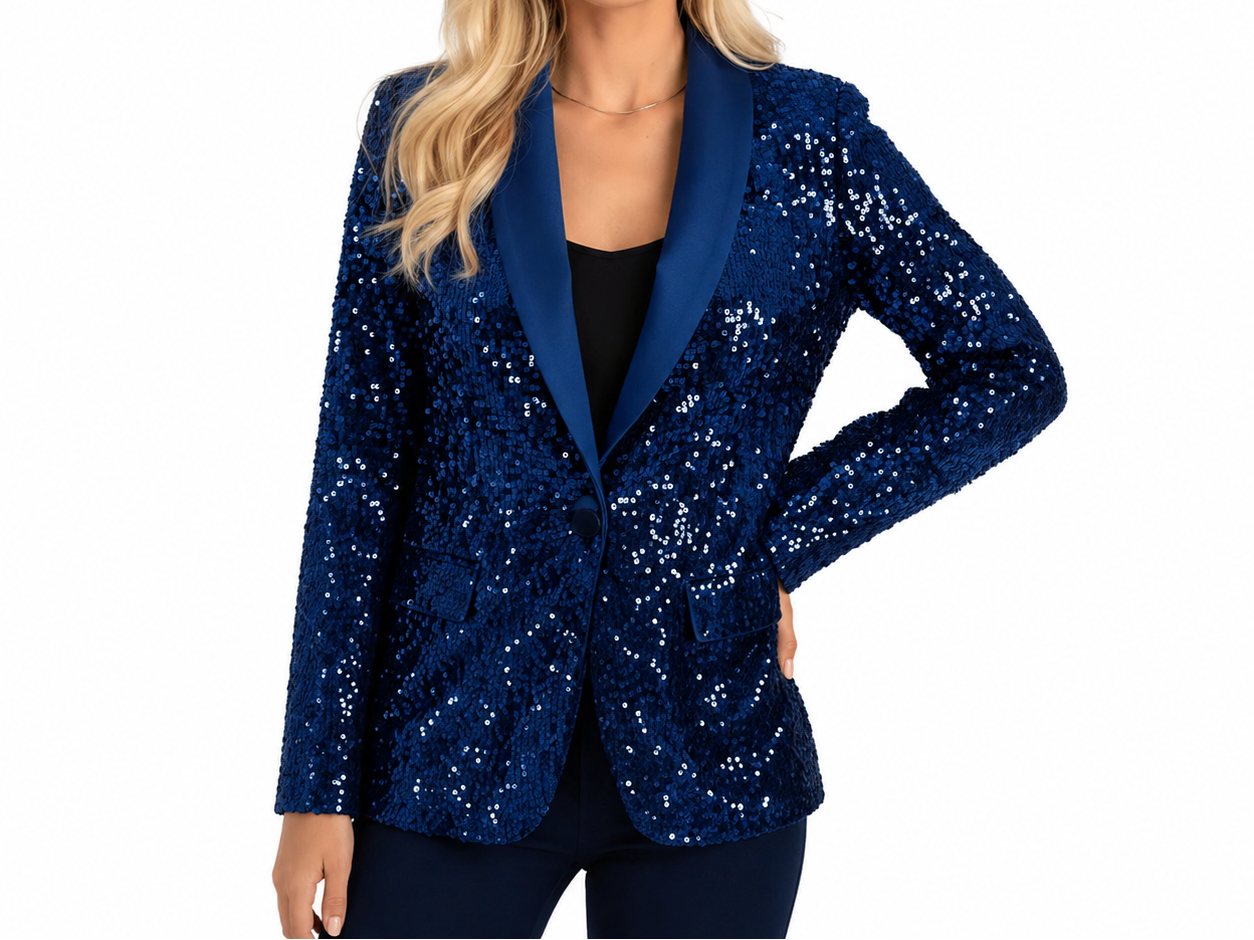 Damski Marynarka z Cekinami z Kołnierzem Szalowym i Zapięciem na Jeden Guzik-Blazers for Women-Olave