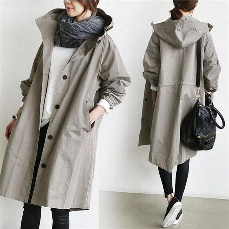 Damski płaszcz przeciwdeszczowy z kapturem i zapięciem na guziki-Coats for women-Olave