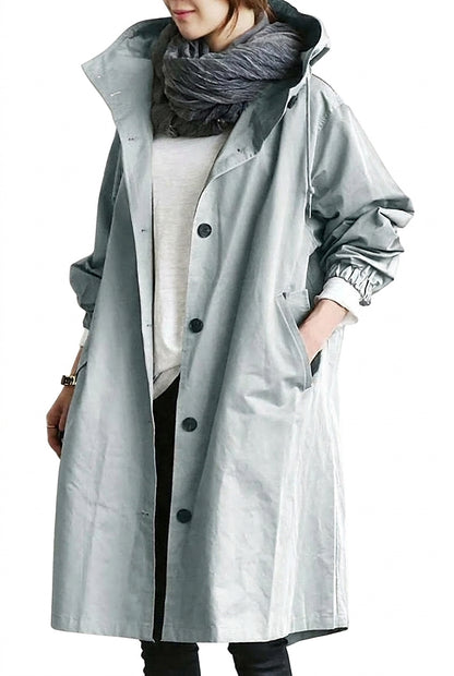 Damski płaszcz przeciwdeszczowy z kapturem i zapięciem na guziki-Coats for women-Olave