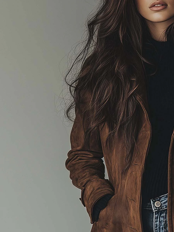 Damski płaszcz trencz z zamszu zapinany na guziki-Coats for women-Olave