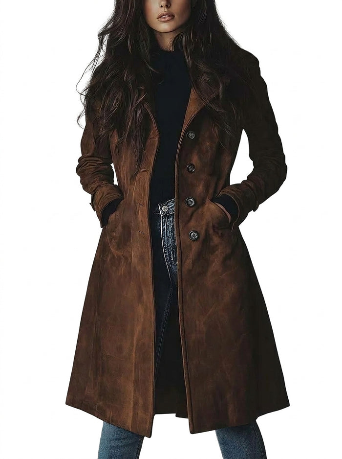 Damski płaszcz trencz z zamszu zapinany na guziki-Coats for women-Olave