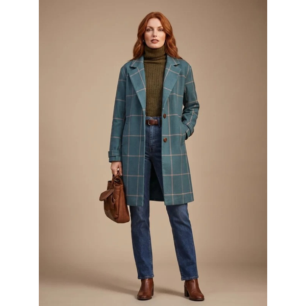 Damski płaszcz w kratę z kołnierzem z rewersami-Coats for women-Olave