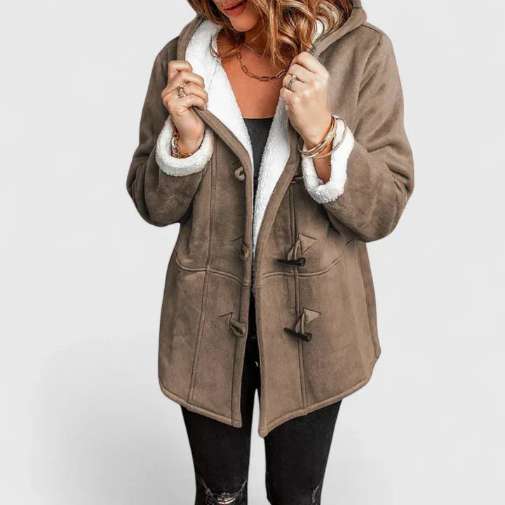 Damski płaszcz zamszowy z kapturem i zapięciem na kołki-Coats for women-Olave